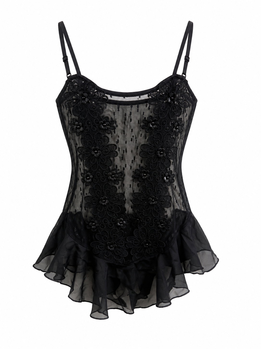 Sheer body with beaded lace and frill