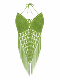 Handmade crochet backless top with fringes & beads