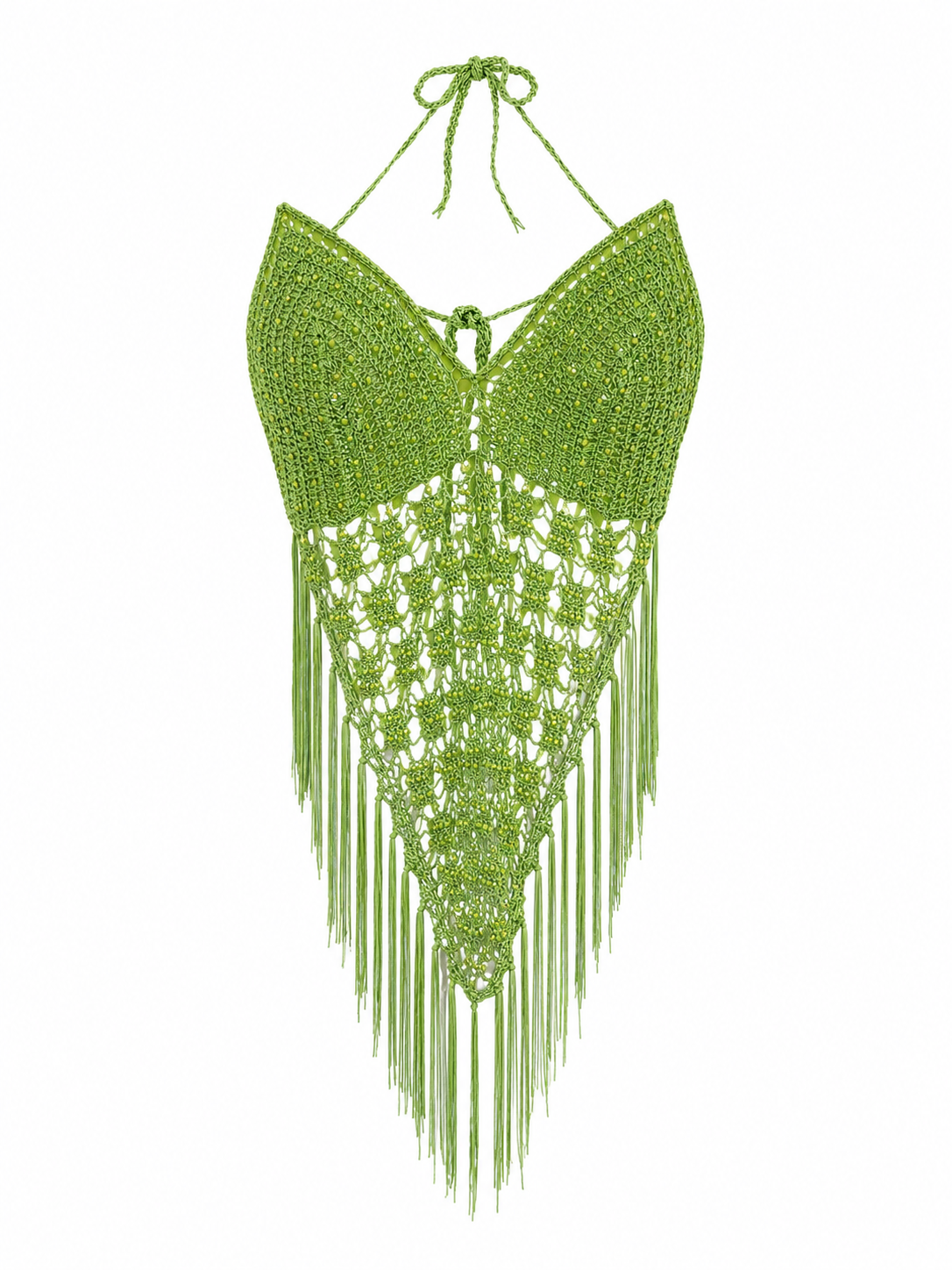 Handmade crochet backless top with fringes & beads