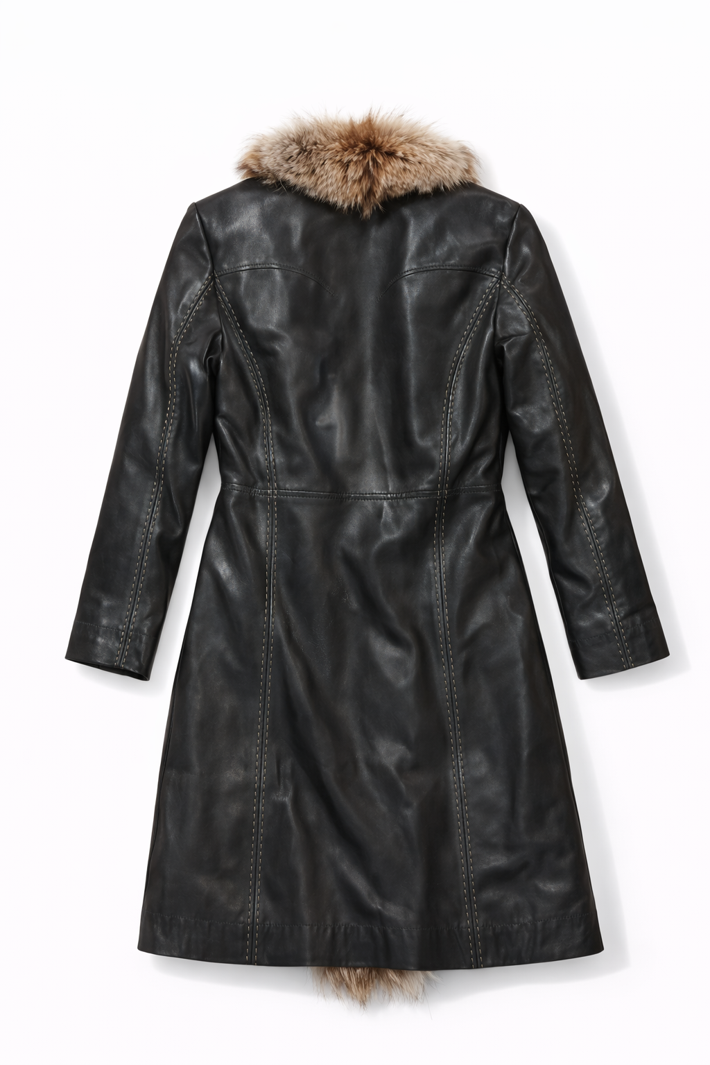 Belted real leather & fur coat