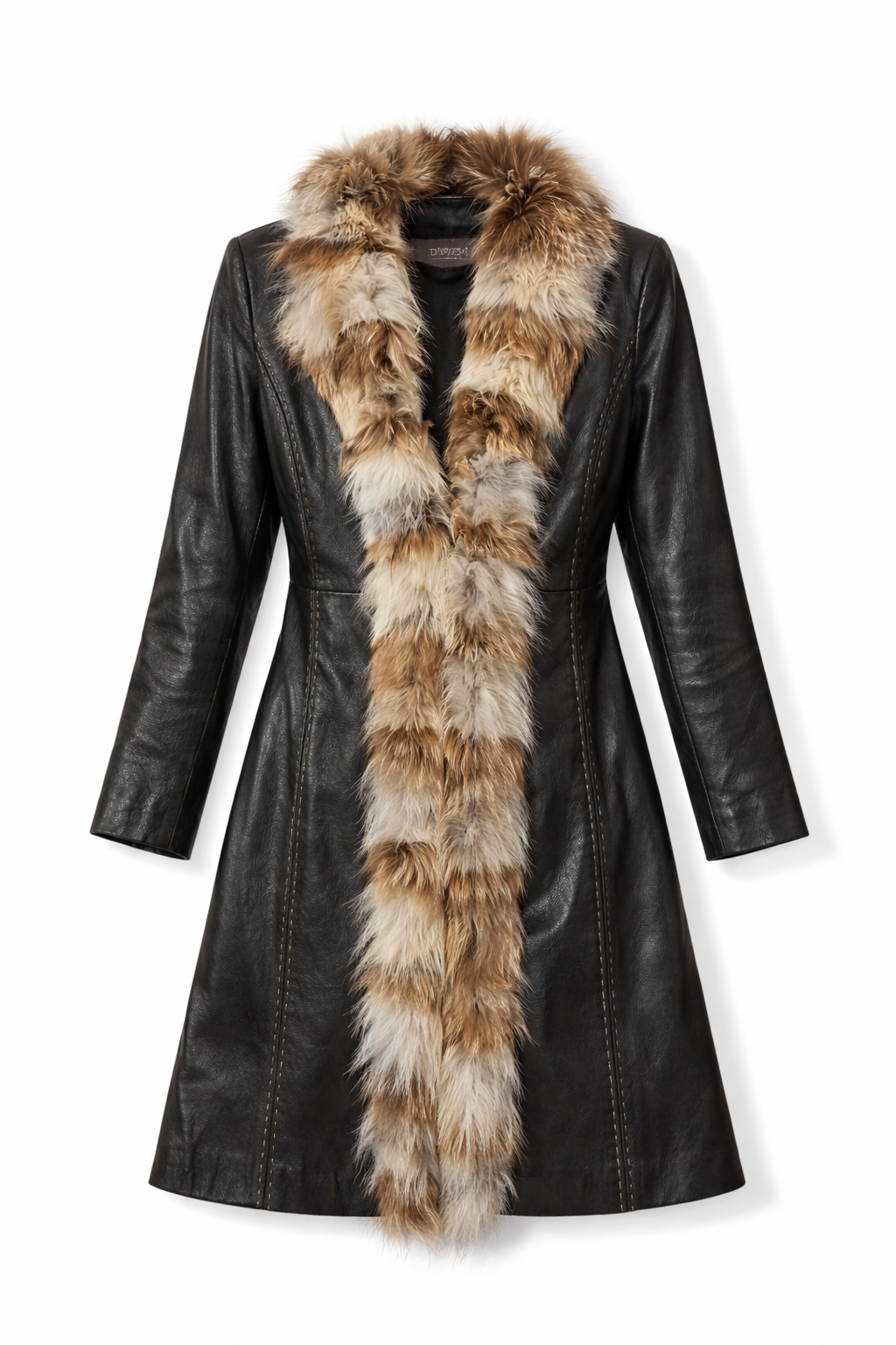 Belted real leather & fur coat