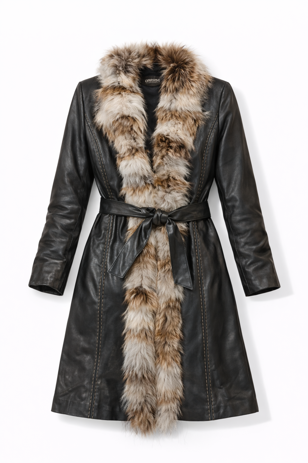 Belted real leather & fur coat