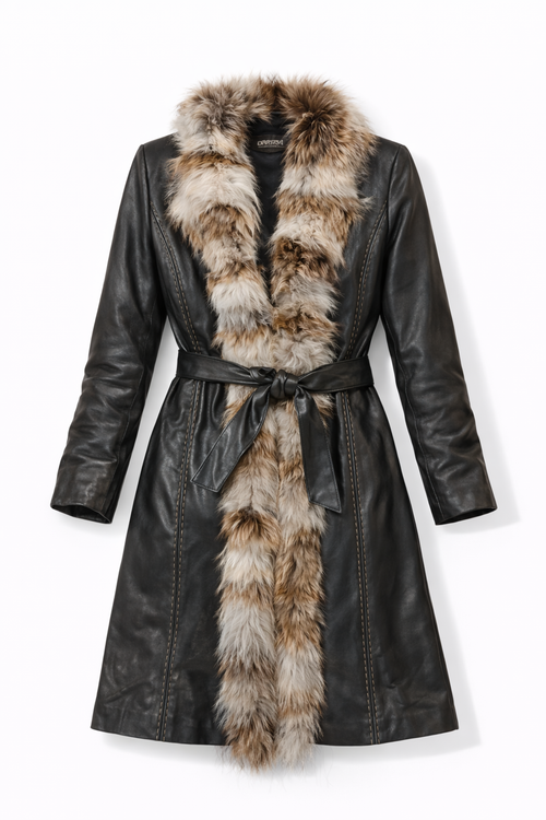 Belted real leather & fur coat
