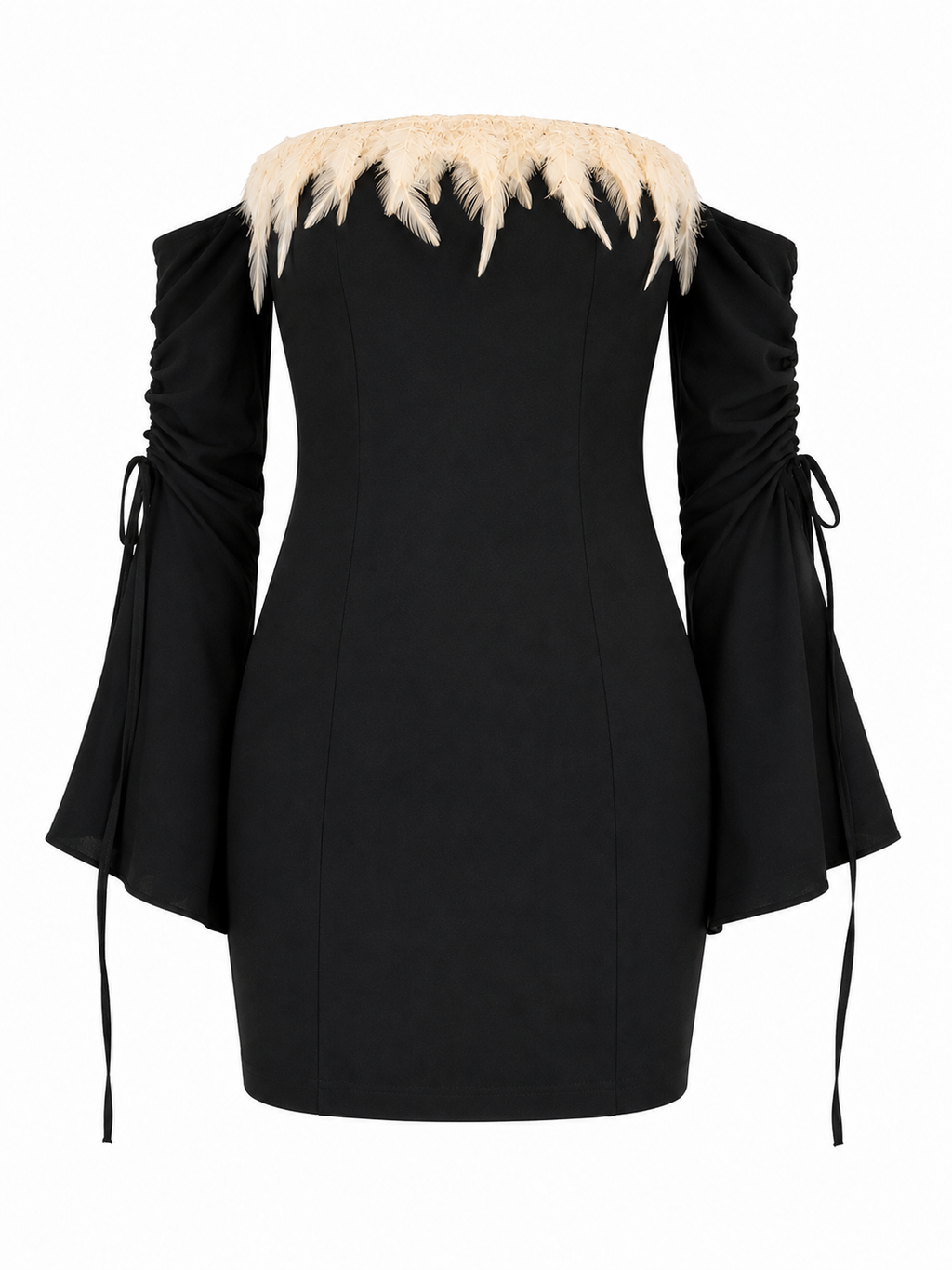 Off shoulder bell sleeve dress with feather details