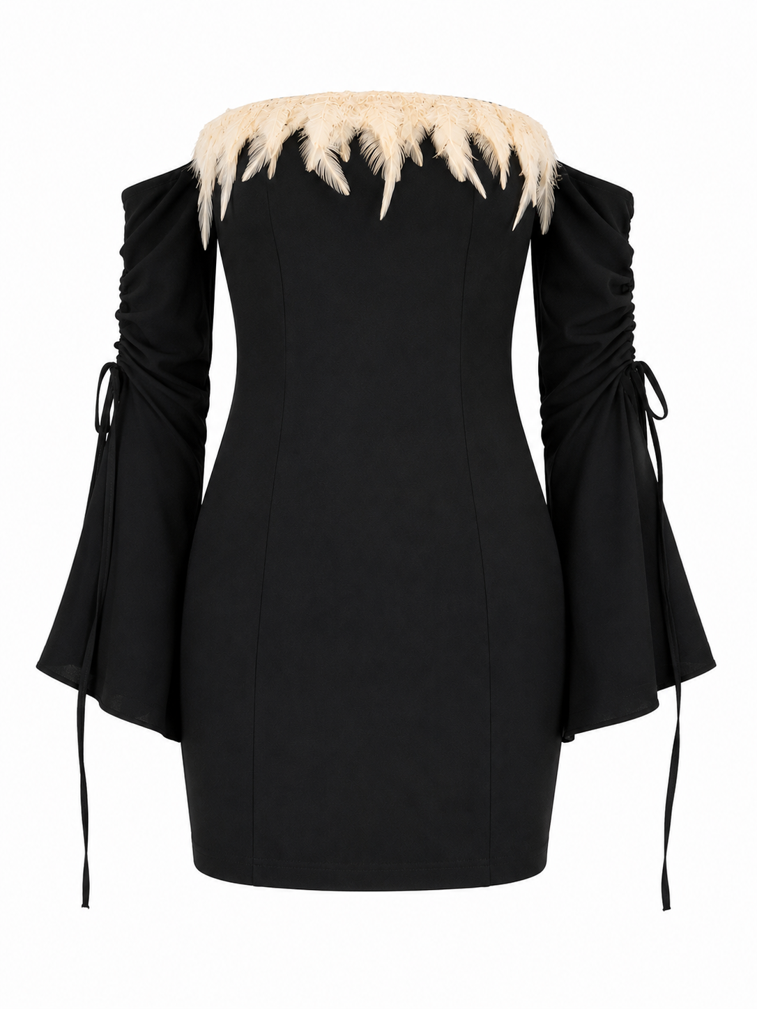 Off shoulder bell sleeve dress with feather details