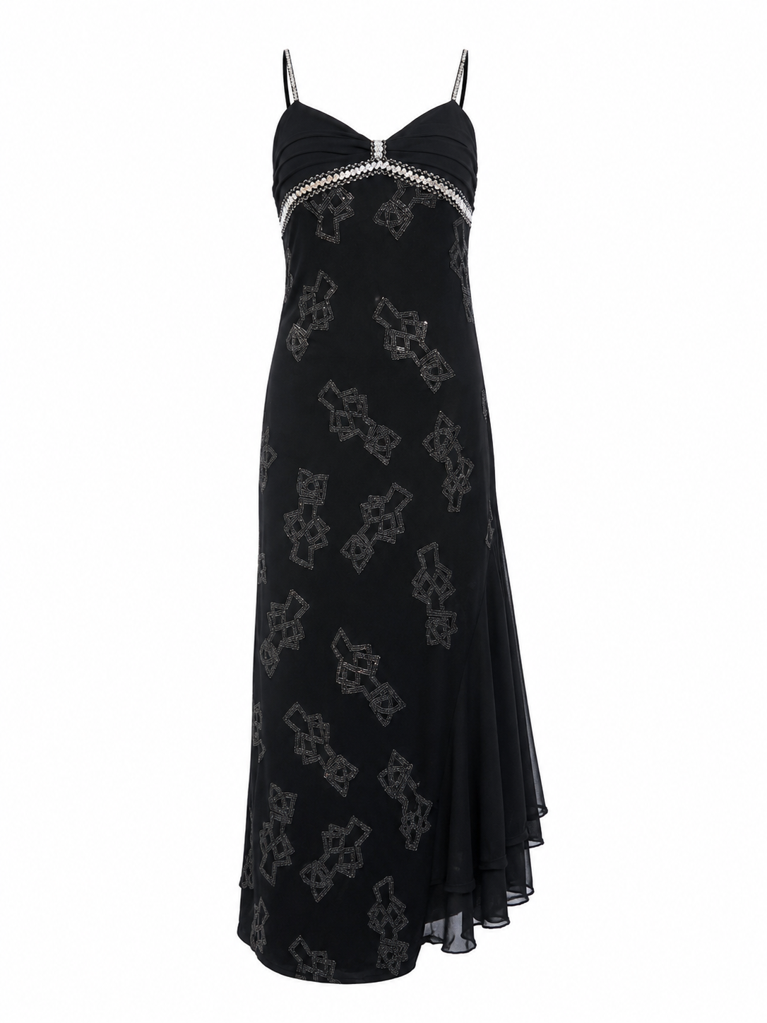 Black asymmetrical dress with silver details and sequins