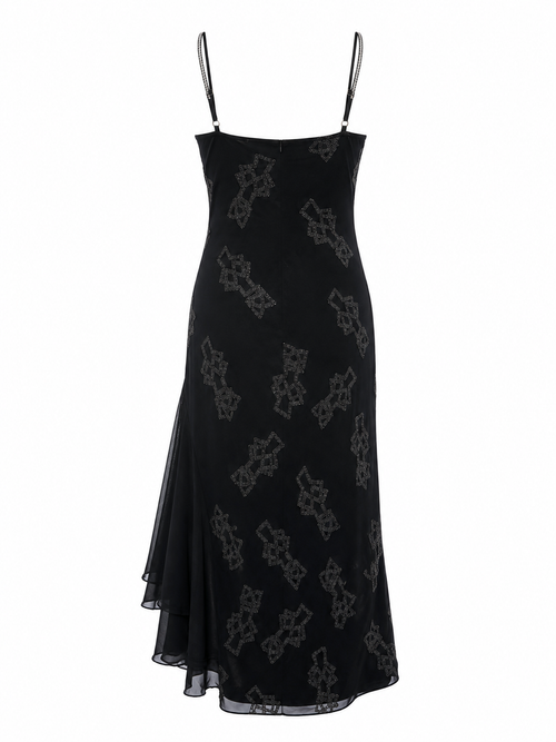 Black asymmetrical dress with silver details and sequins