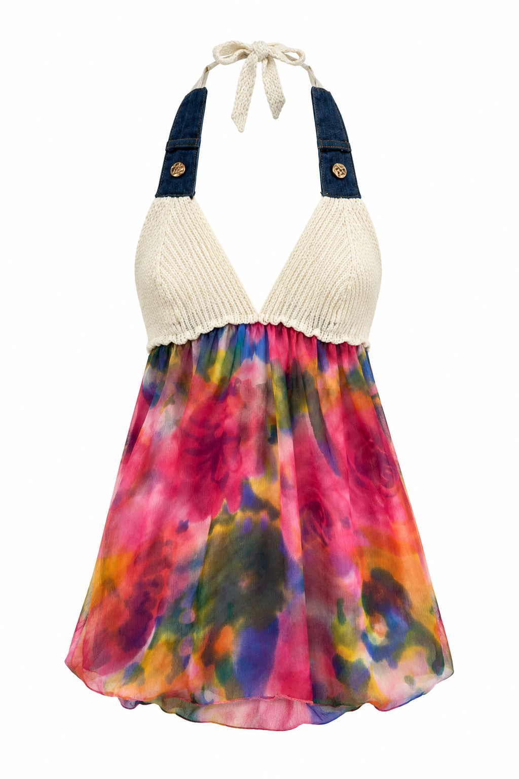Summer halter neck top with knitted bust and denim details