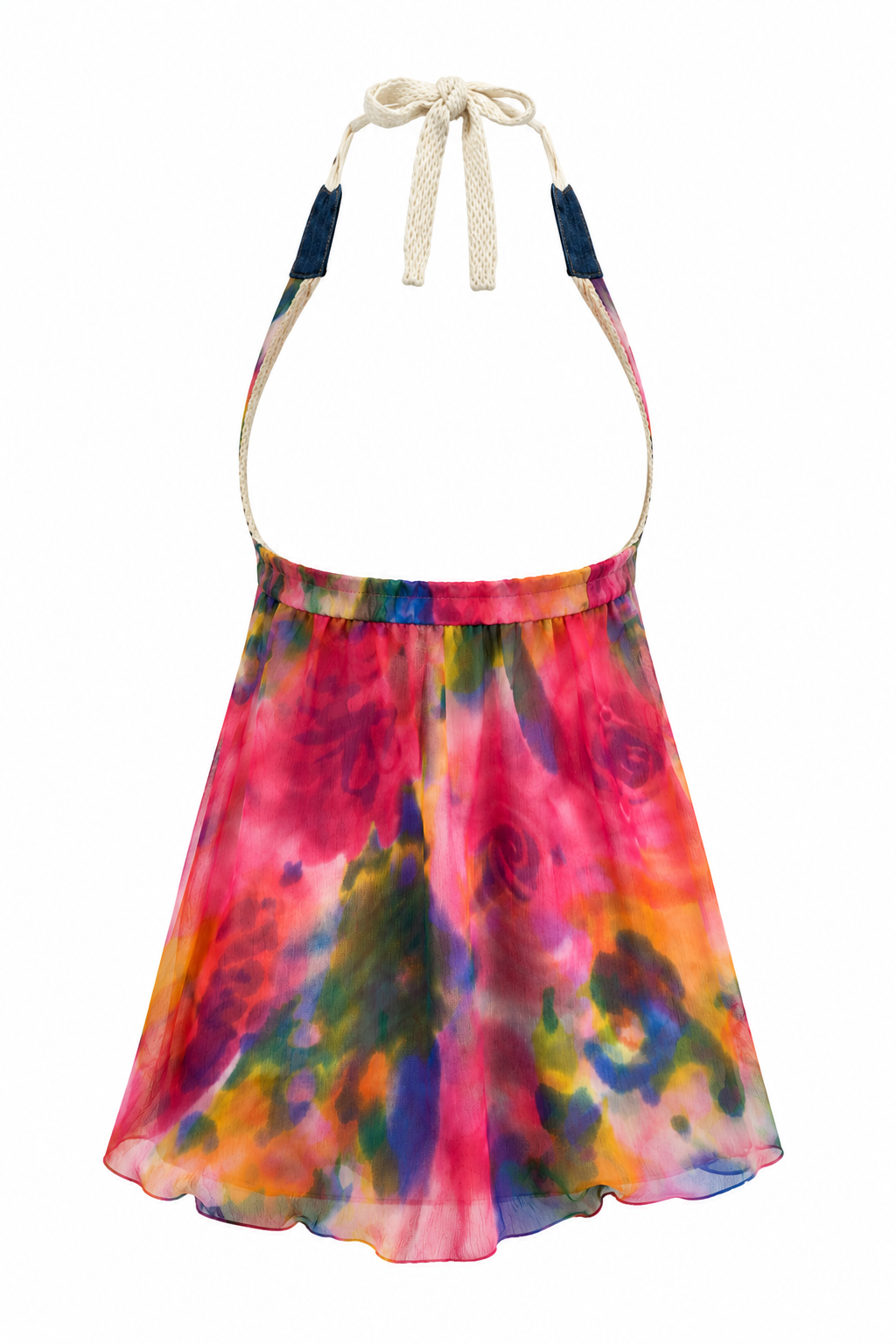 Summer halter neck top with knitted bust and denim details