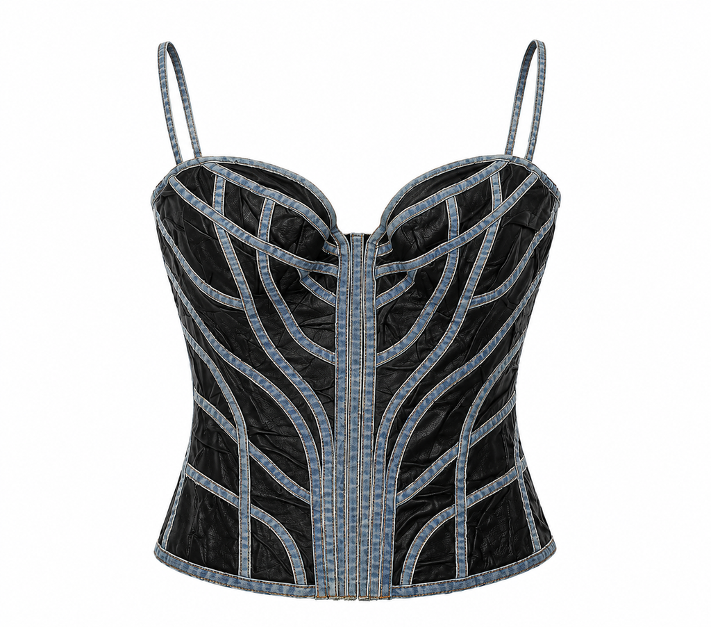 Cinema leather corset with denim details