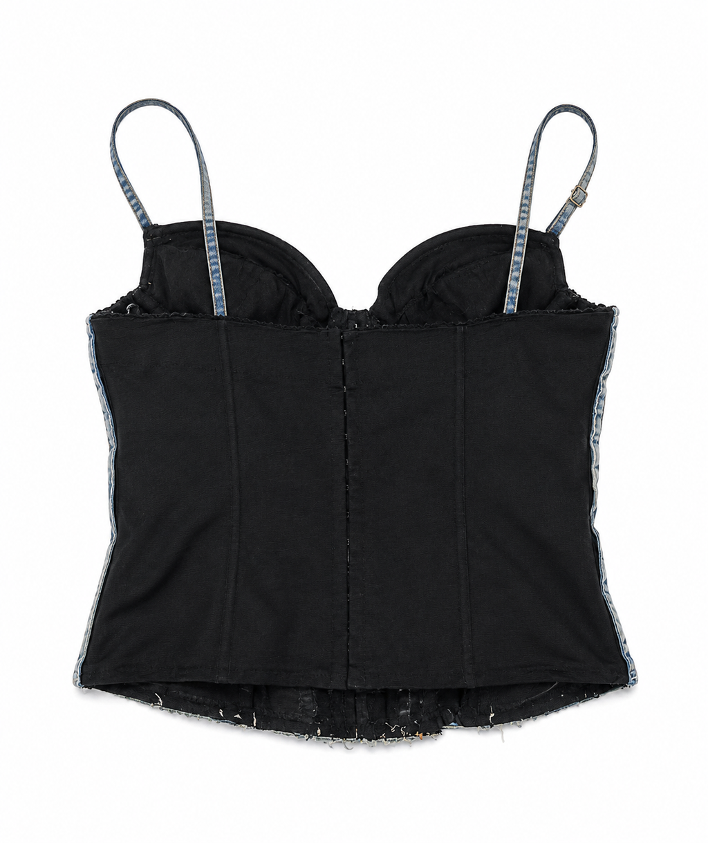 Cinema leather corset with denim details