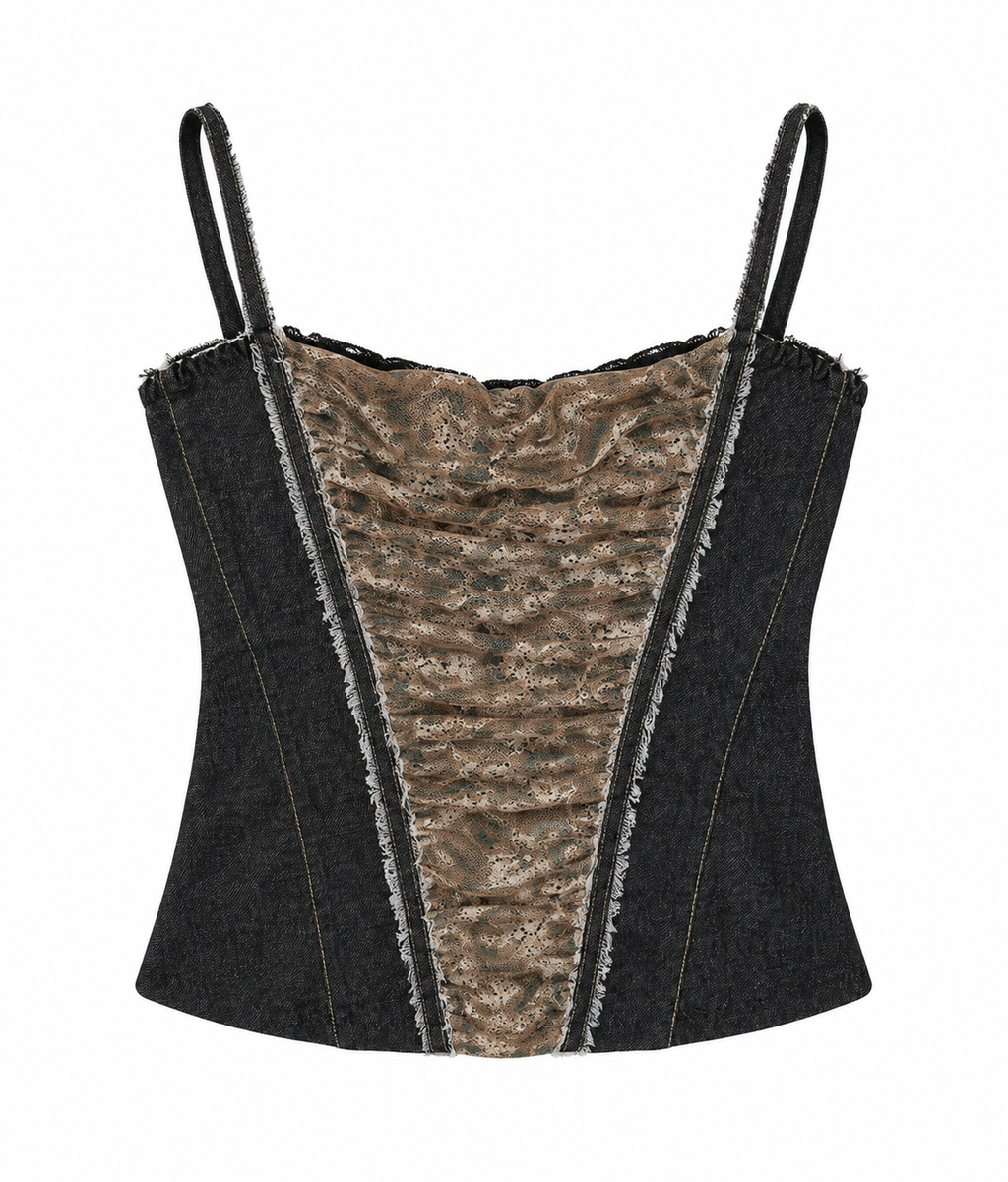 Cinema denim corset with leopard lace details