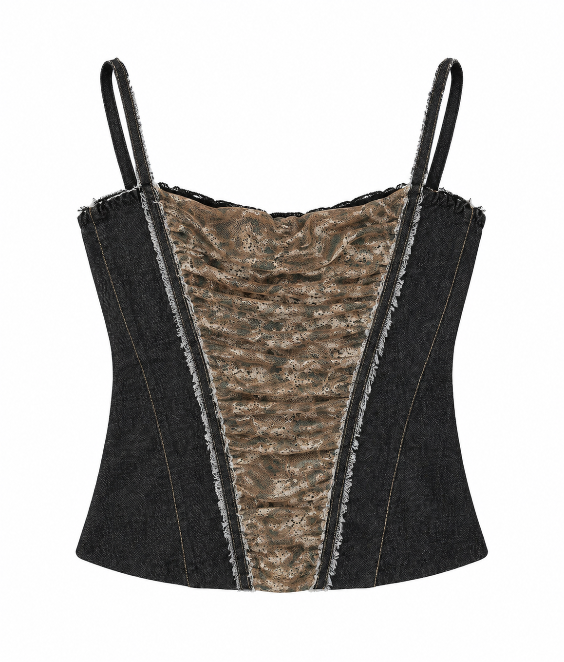 Cinema denim corset with leopard lace details