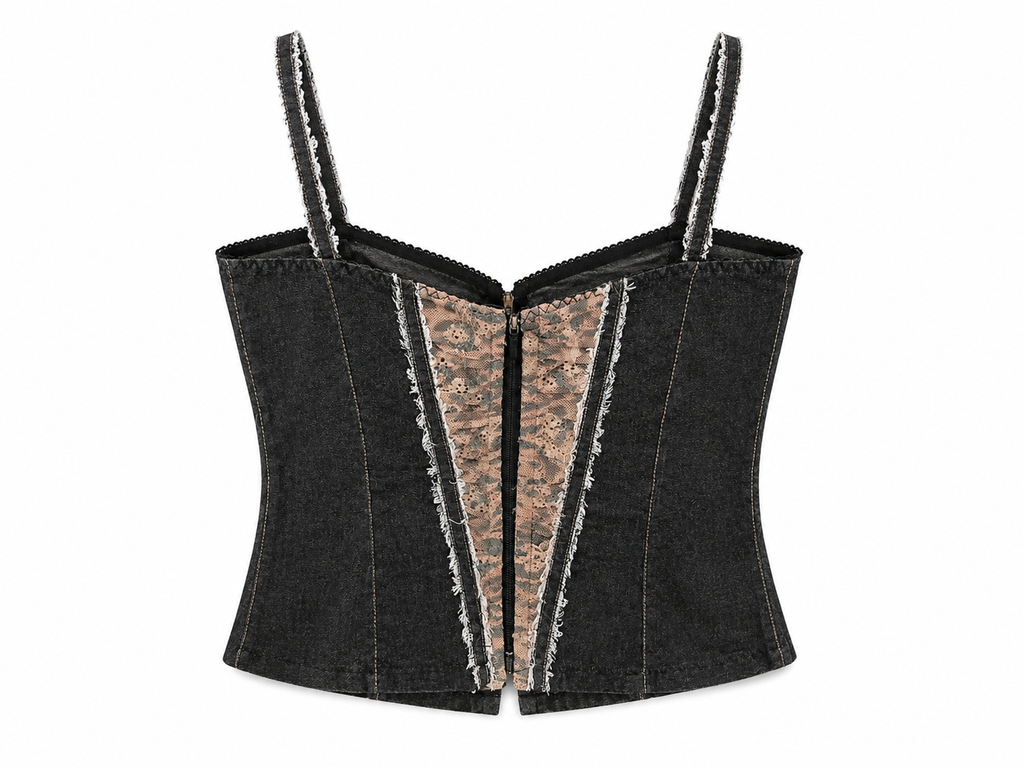Cinema denim corset with leopard lace details