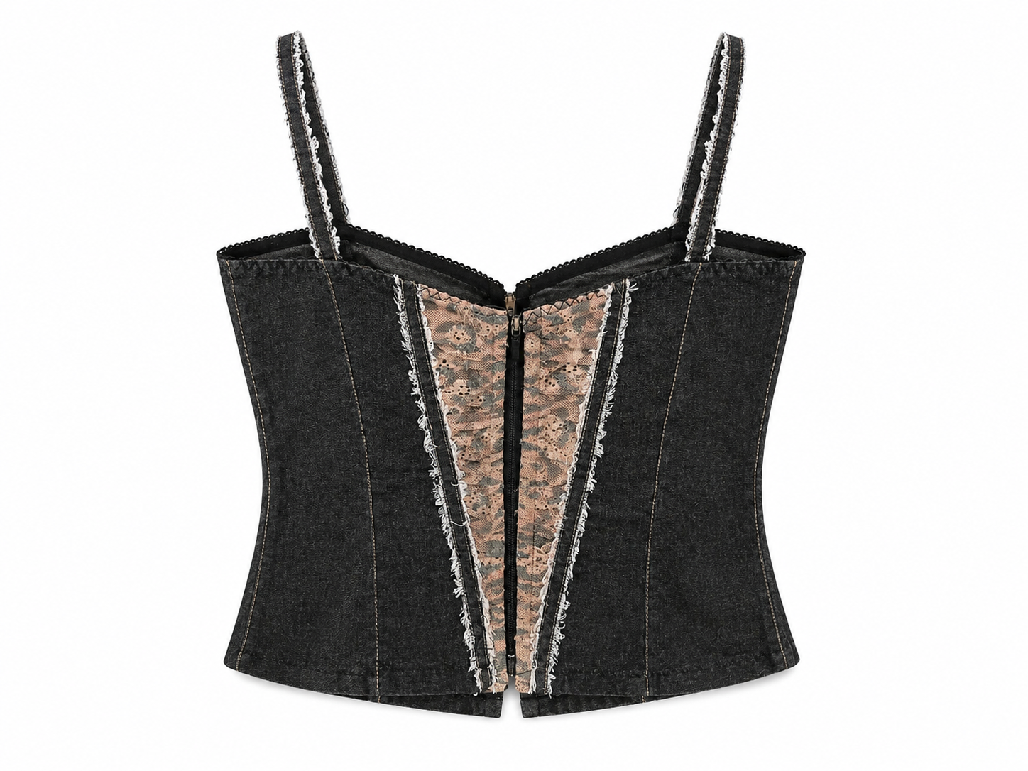 Cinema denim corset with leopard lace details