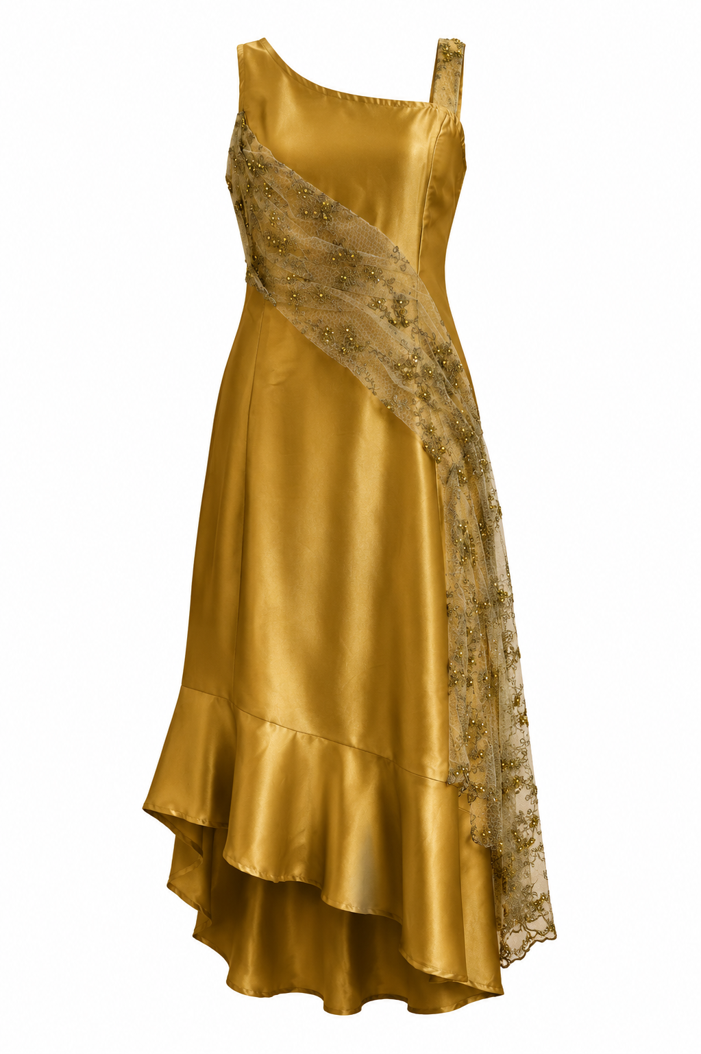 Gold satin dress with lace details