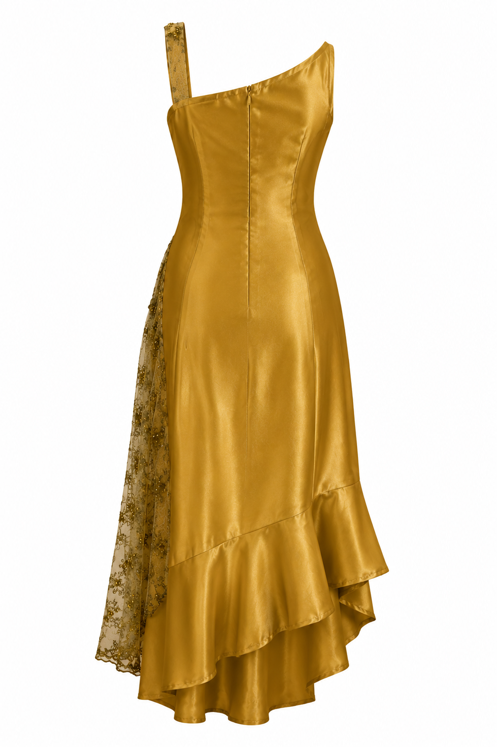 Gold satin dress with lace details