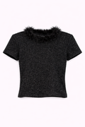 Glittery top with fuzzy neck