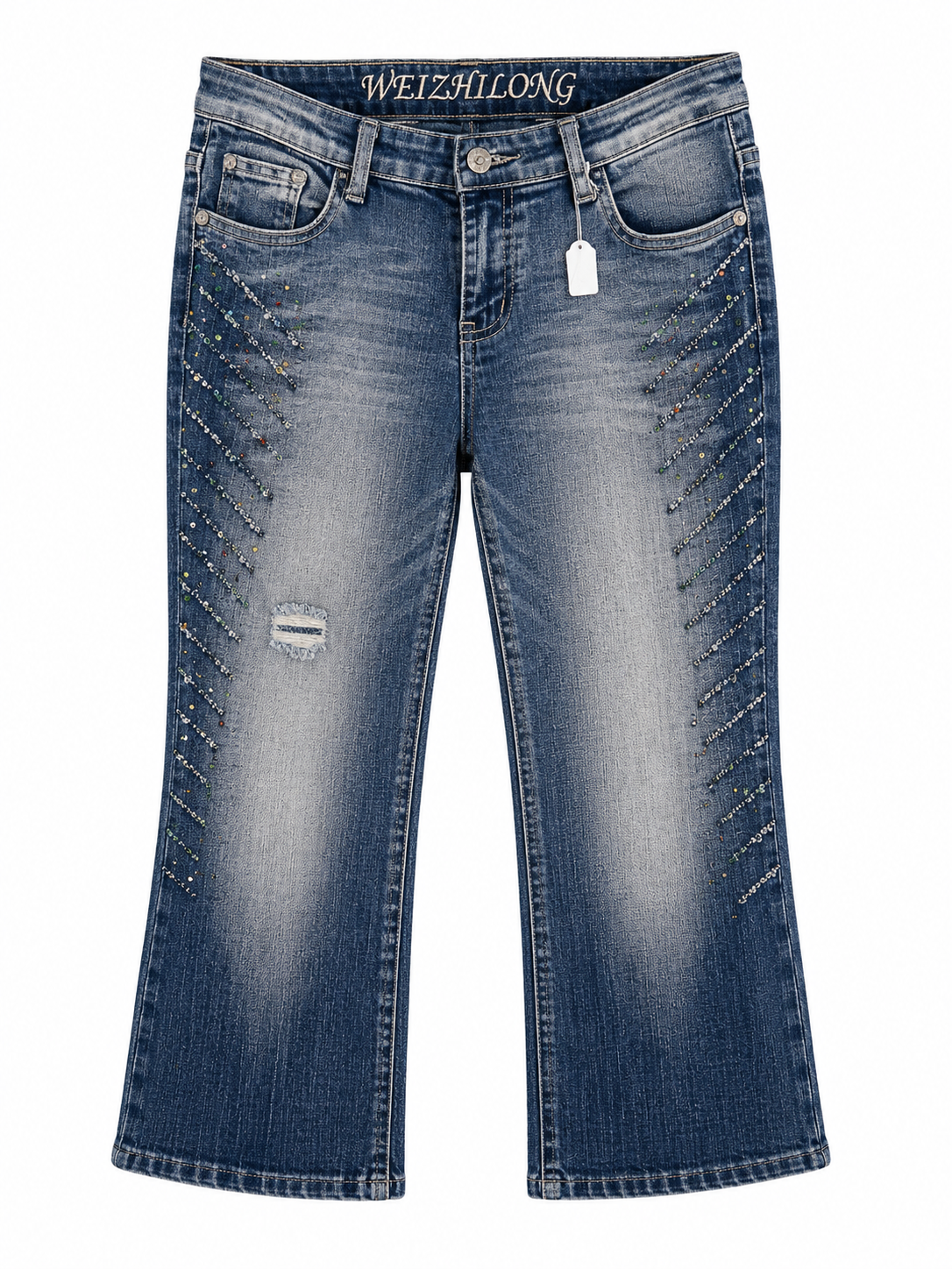 Y2K denim capri pants with rhinestones