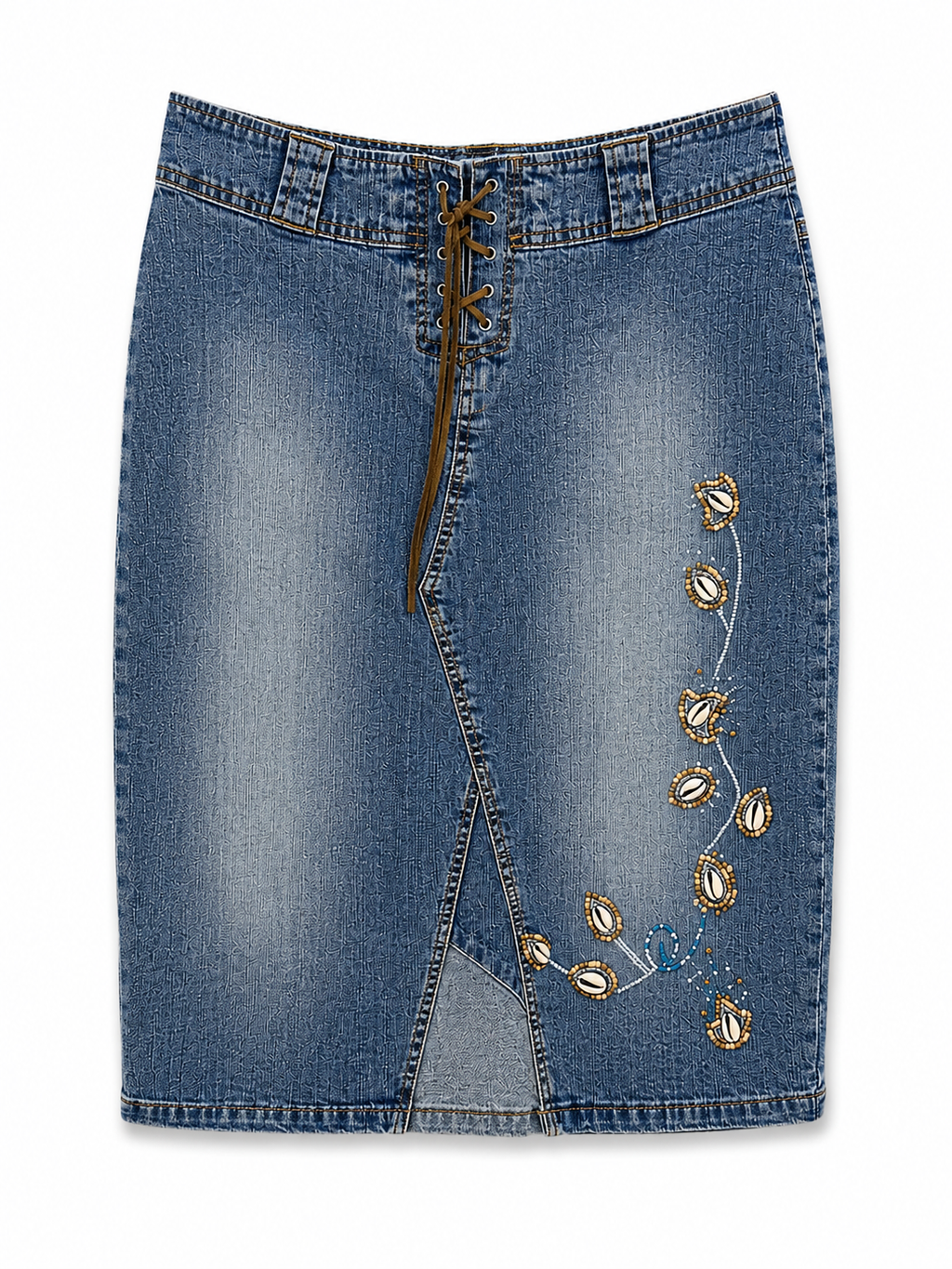 Summer pencil denim skirt with sea shells beading