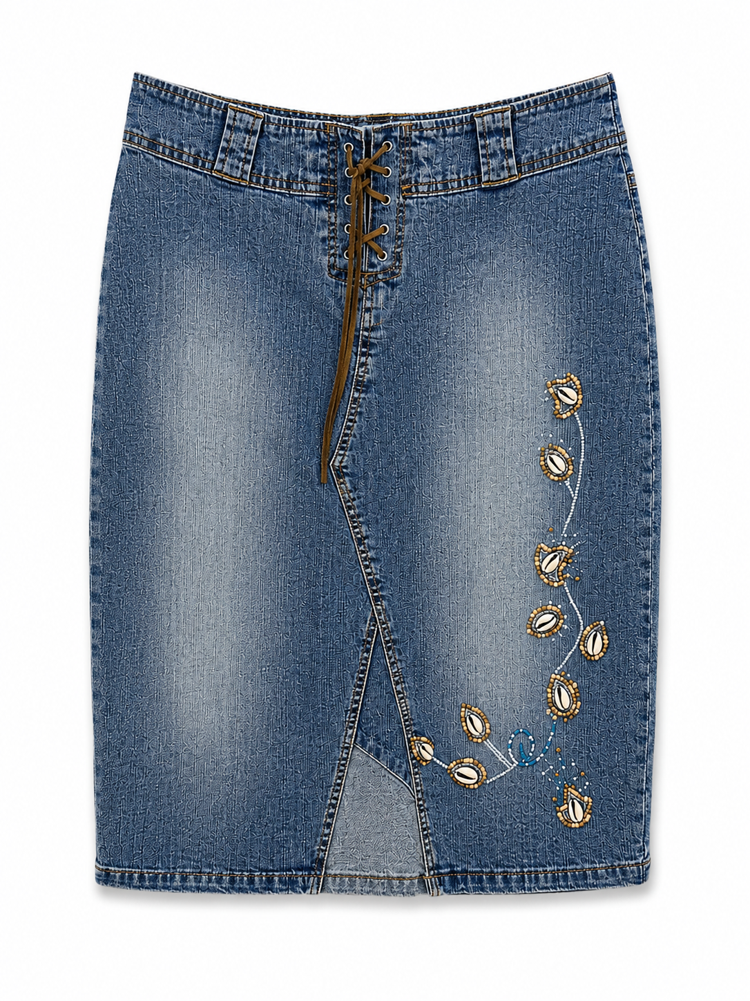 Summer pencil denim skirt with sea shells beading