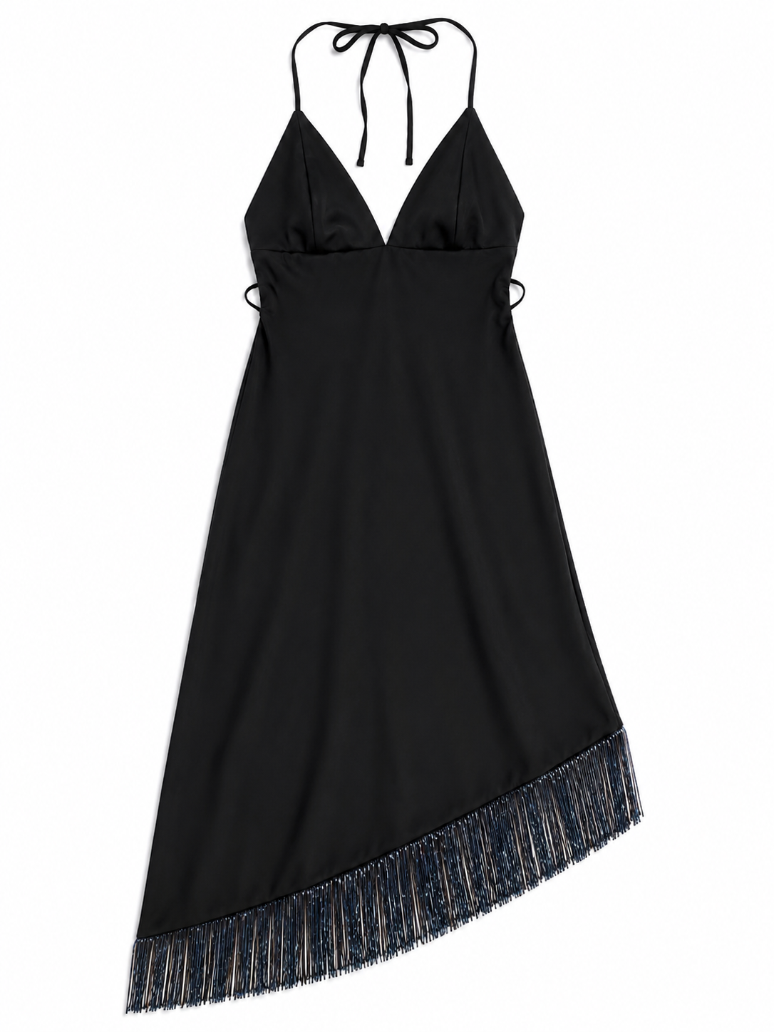 Mini backless black dress with beaded fringes