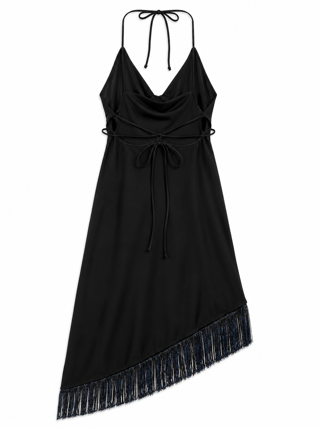 Mini backless black dress with beaded fringes