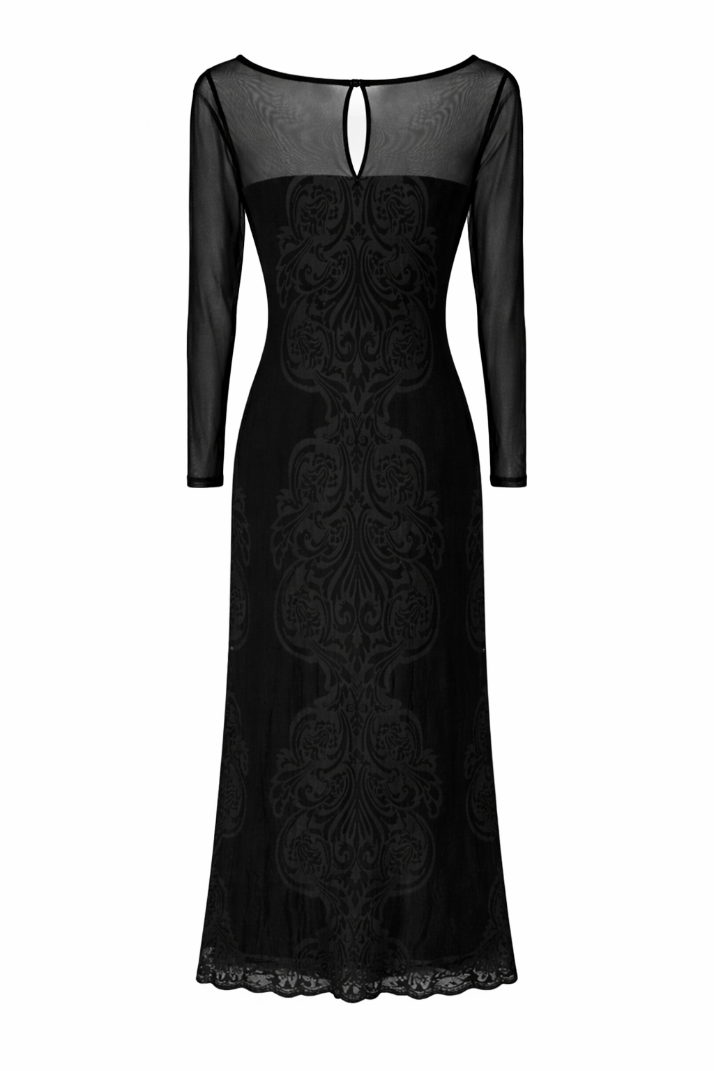 Elastic maxi black dress with mesh details and tribal