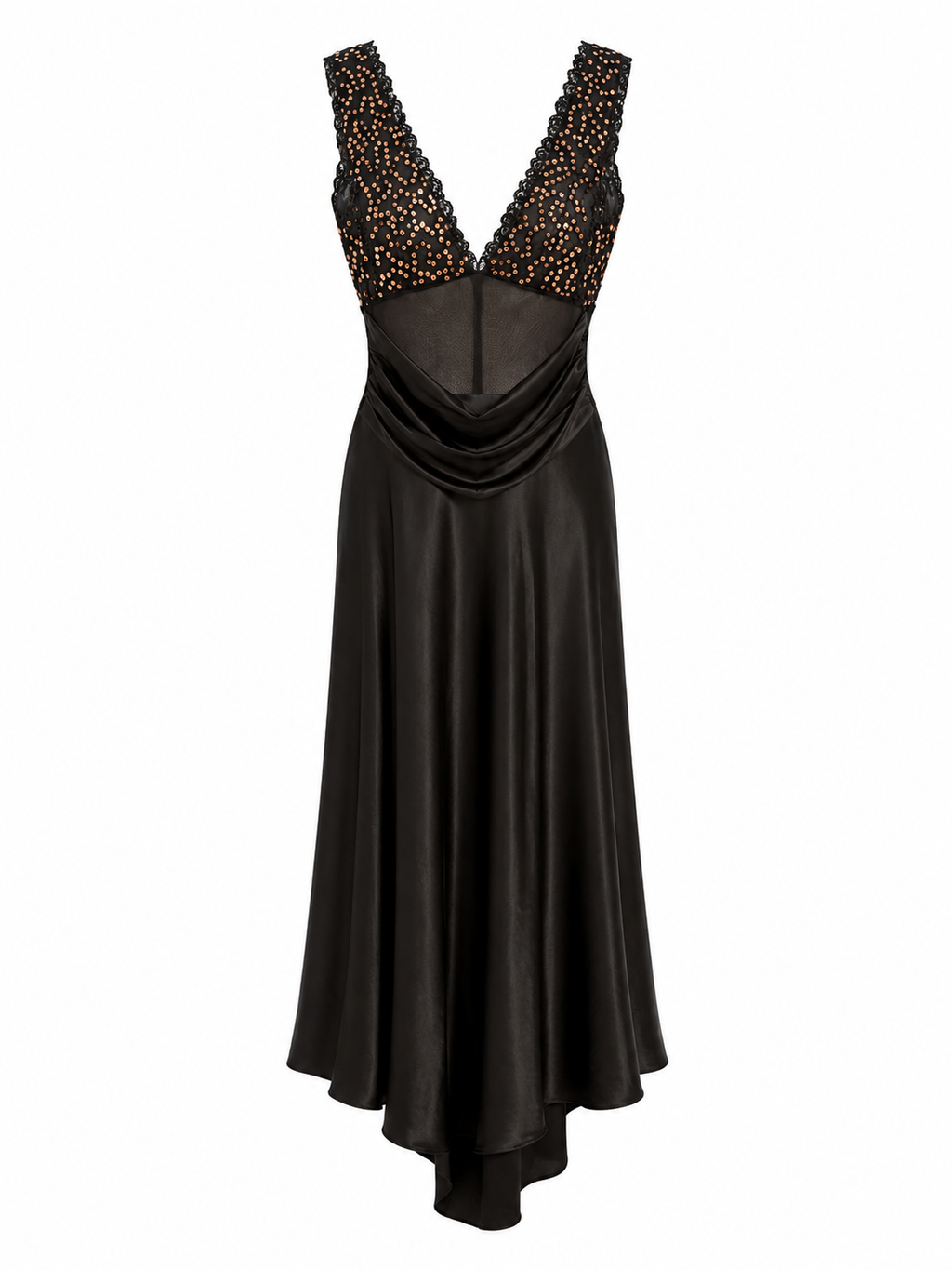 Maxi satin dress with sequins & mesh details