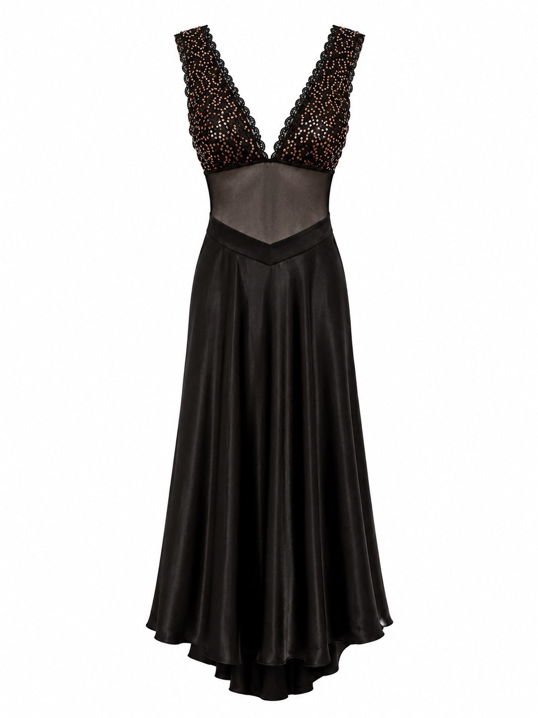 Maxi satin dress with sequins & mesh details