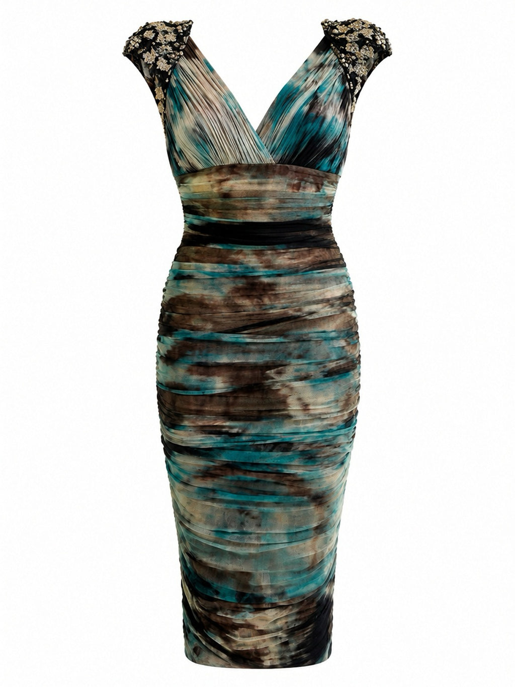 Cinema ruched mesh corset fit dress with heavy embroidered shoulders