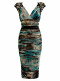 Cinema ruched mesh corset fit dress with heavy embroidered shoulders
