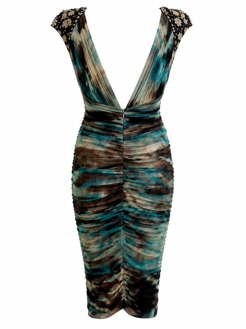 Cinema ruched mesh corset fit dress with heavy embroidered shoulders
