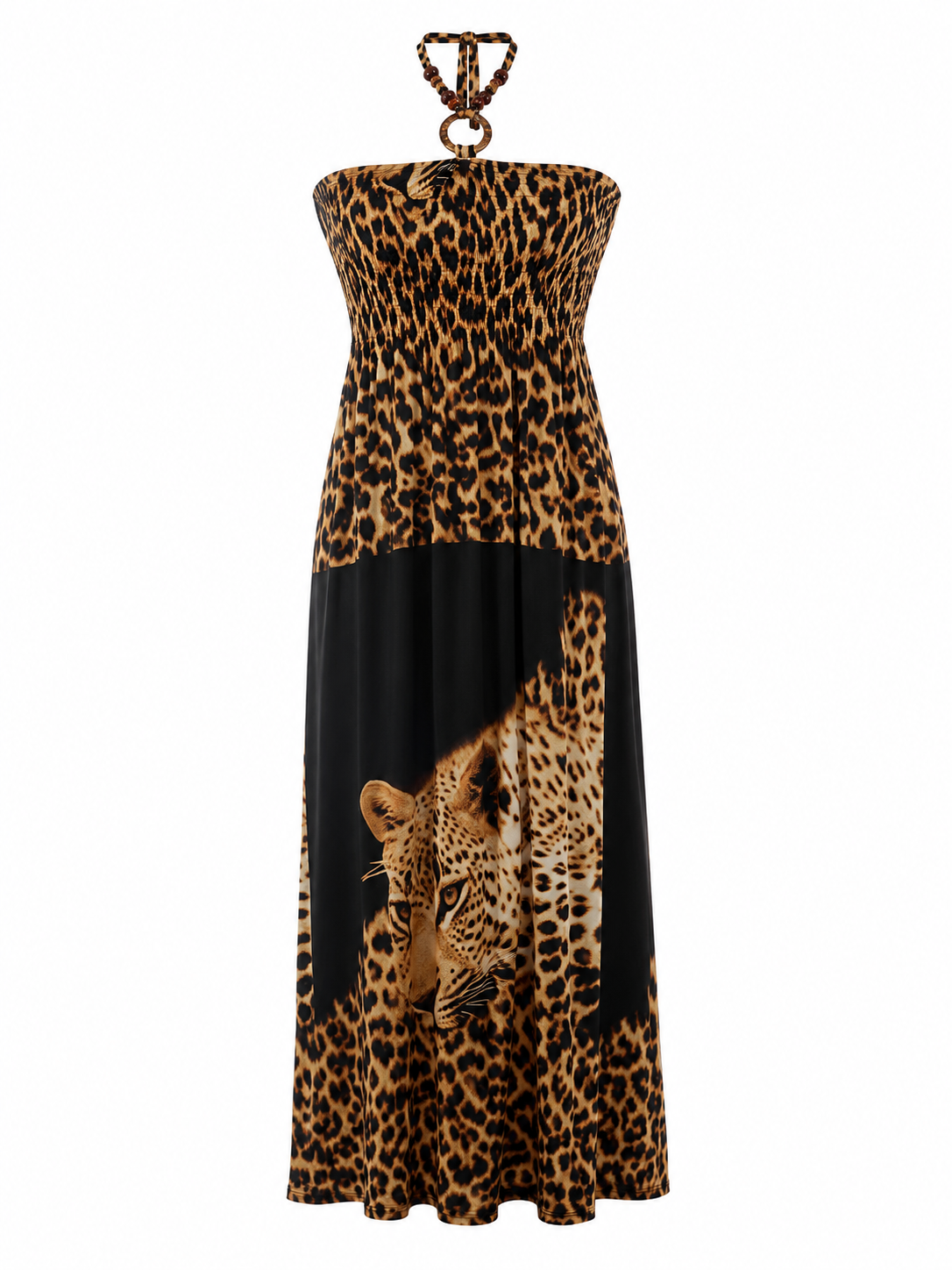 Summer tiger print dress with beaded halter neck detail