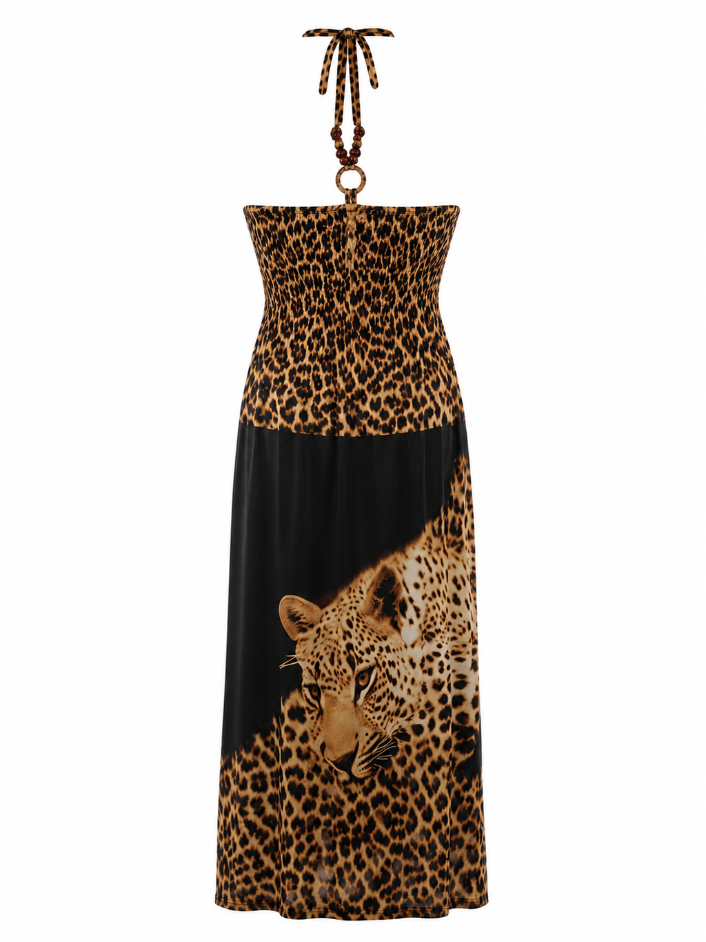 Summer tiger print dress with beaded halter neck detail