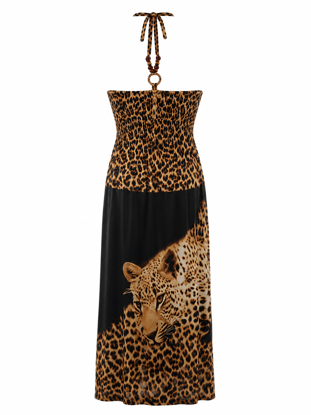 Summer tiger print dress with beaded halter neck detail