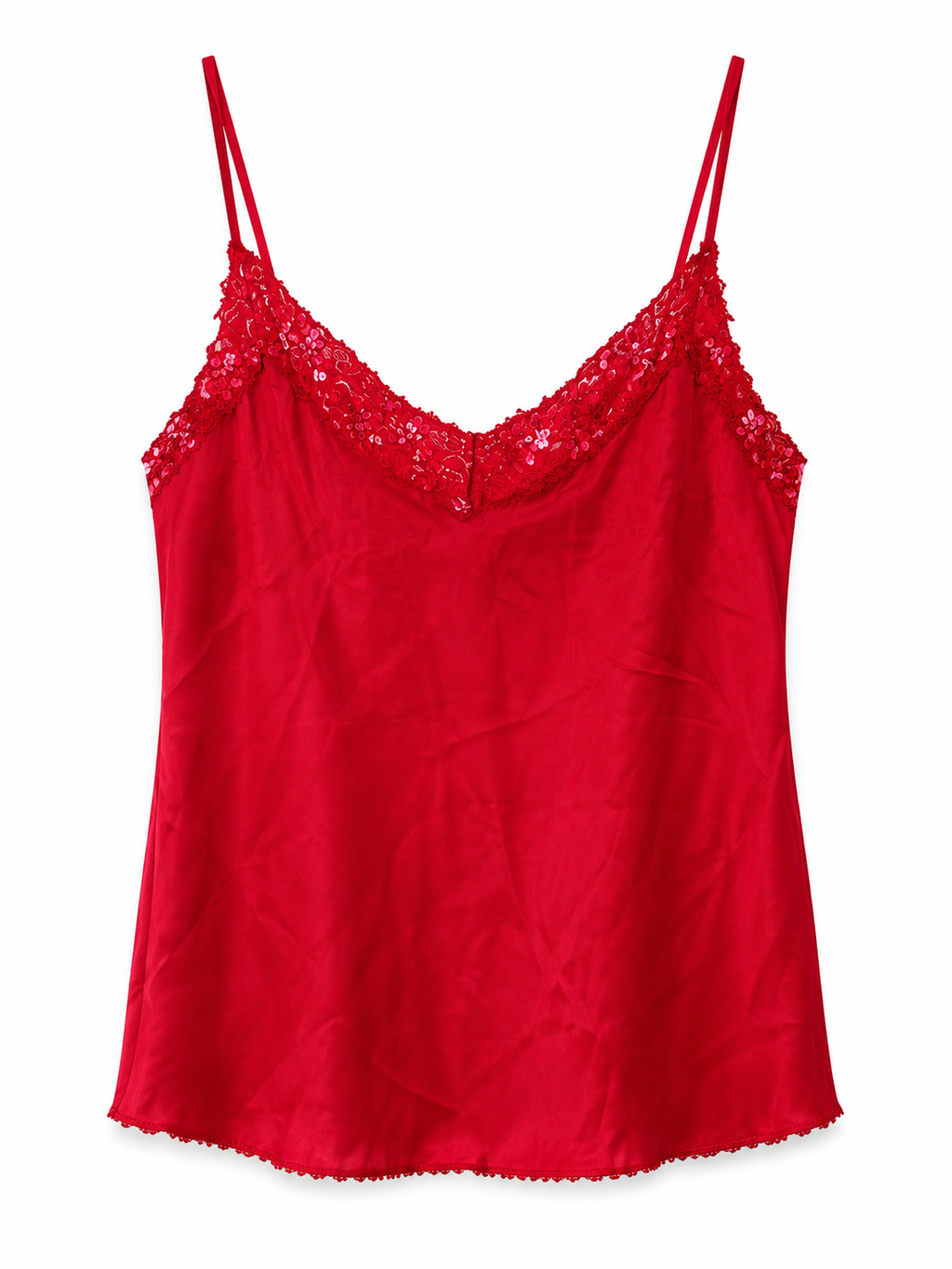 Red cami top with beaded lace detail