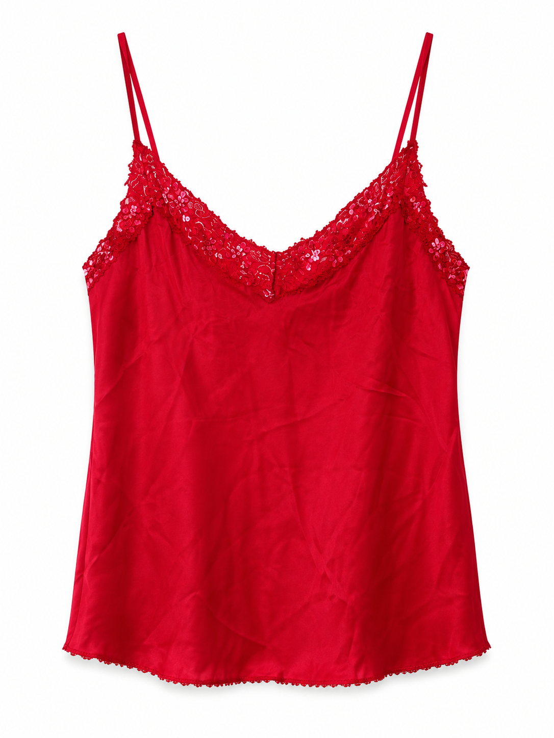 Red cami top with beaded lace detail