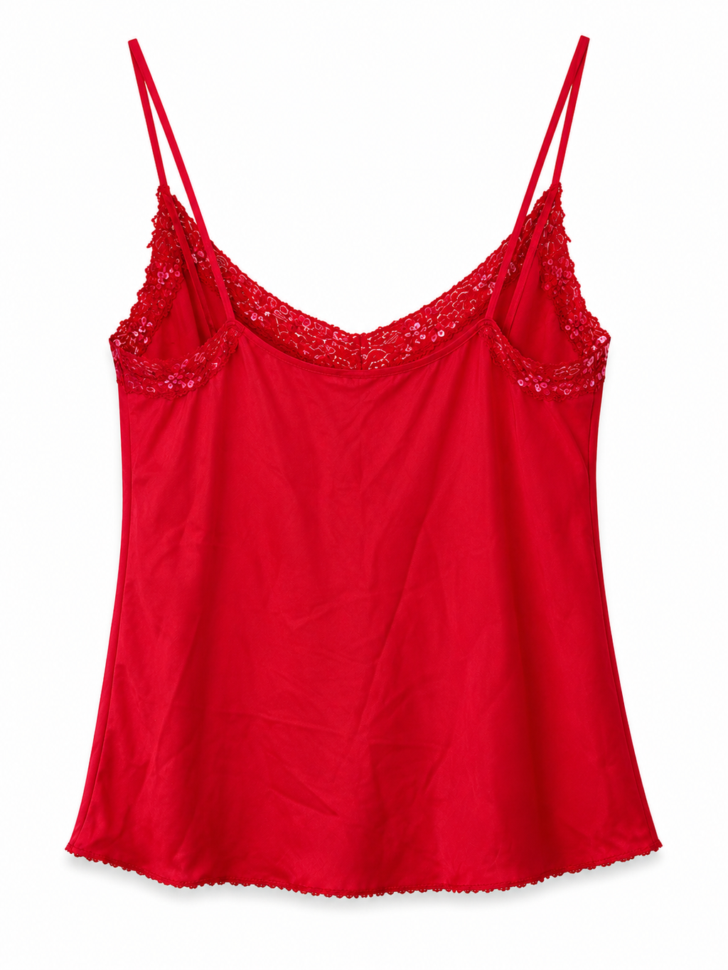 Red cami top with beaded lace detail
