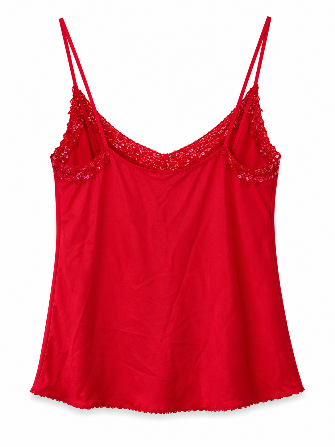 Red cami top with beaded lace detail