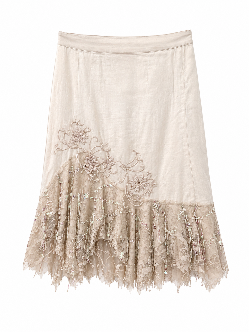 Midi denim embroidered skirt with lace details and sequins