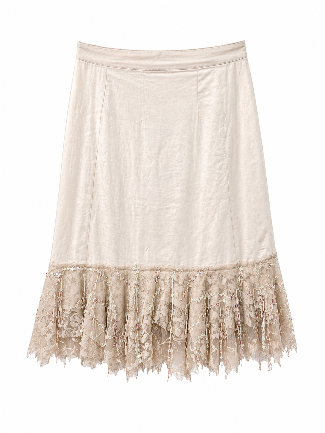 Midi denim embroidered skirt with lace details and sequins
